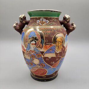 Japanese Mid Century Satsuma Ware Vase Foo Dogs Moriage Relief Hand Painted Gold